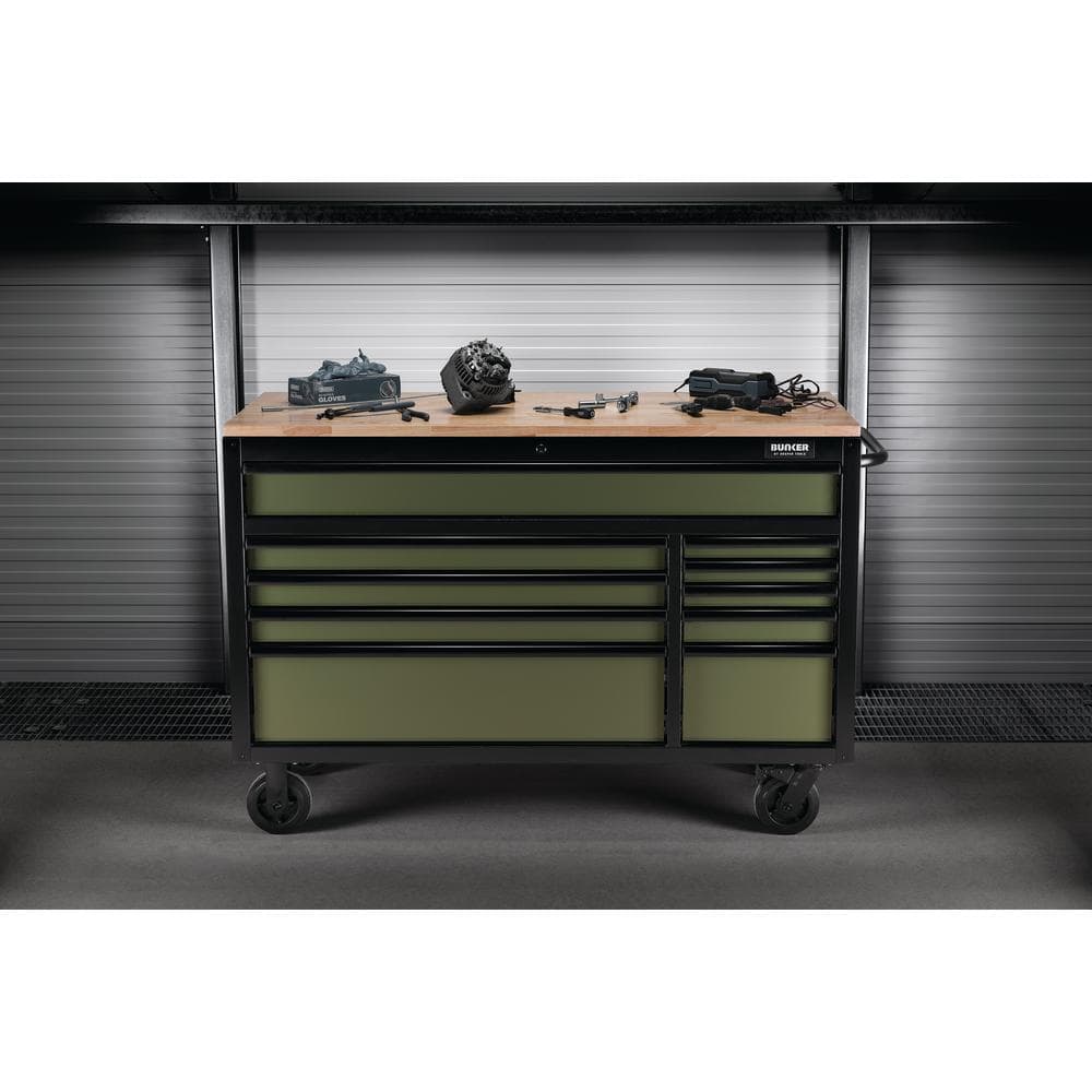 Bunker® 10 Drawer Workbench Roller Tool Cabinet 56in Green 27221