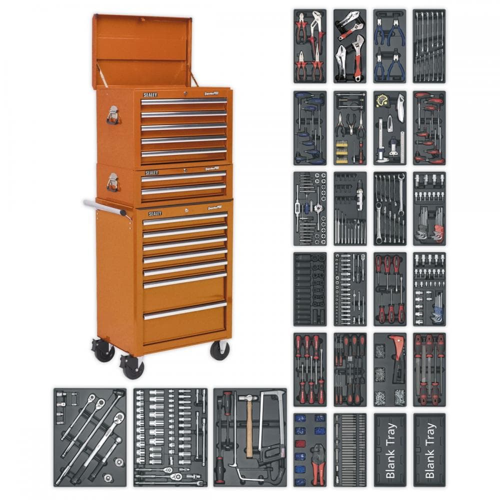 Sealey SPTOCOMBO1 Tool Chest Combination 14 Drawer With Ball-Bearing Slides - Orange & 1179Pc Tool Kit