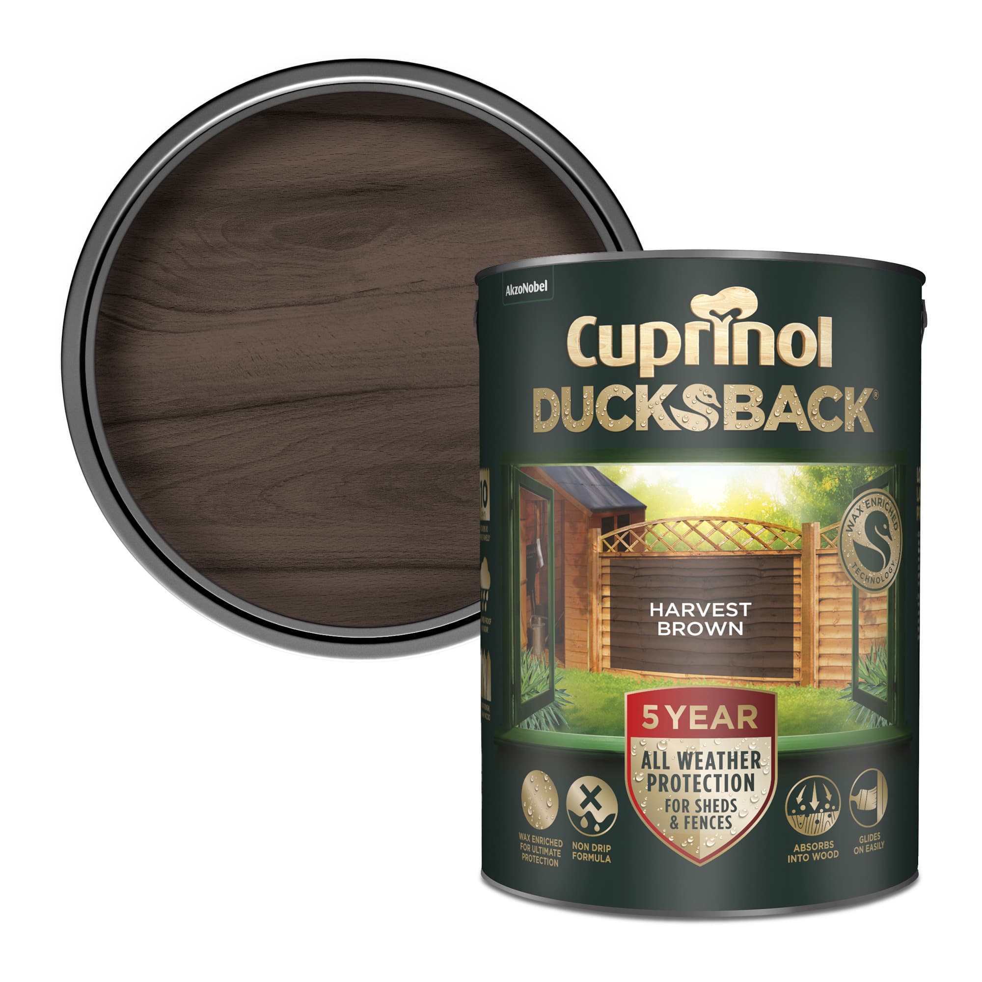 Cuprinol Harvest Brown Ducksback - Exterior Wood Protection For Sheds and Fences | Covers 30m², 5L