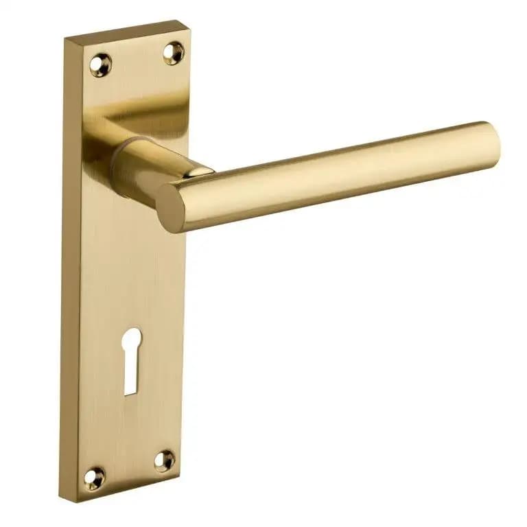 T-Bar Straight Lever Lock Door Handle On Backplate - Brushed Brass- Designer Levers