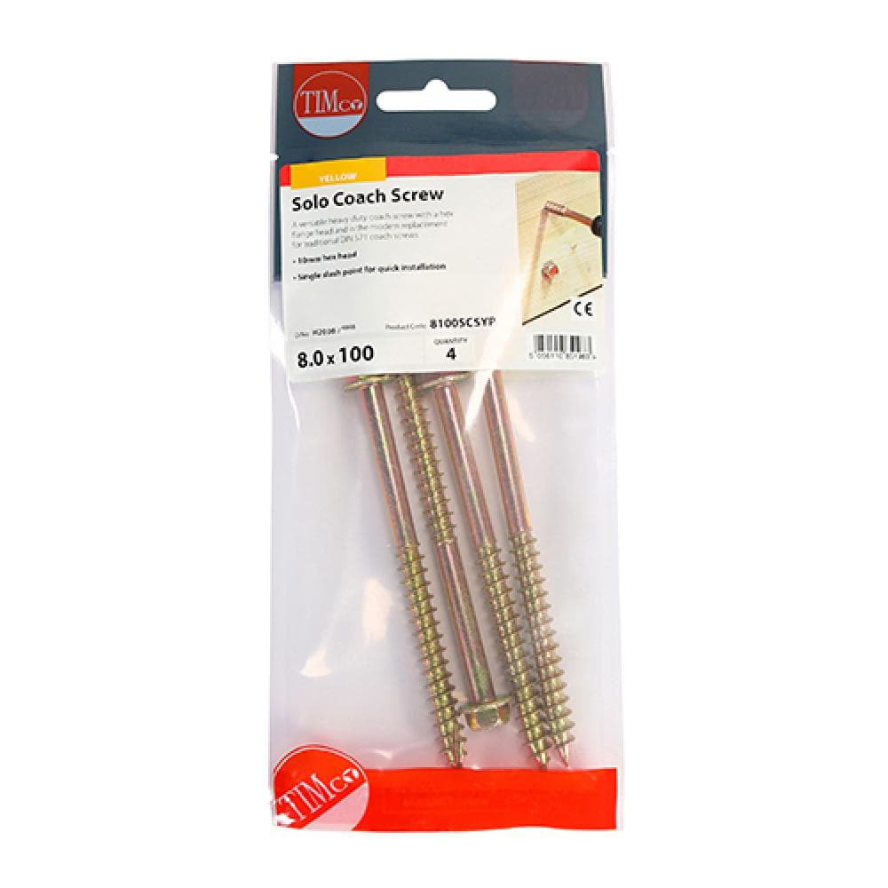 Timco 8100SCSYP Solo Coach Screws - Hex Flange - Yellow 8.0 X 100 TIMpac 4