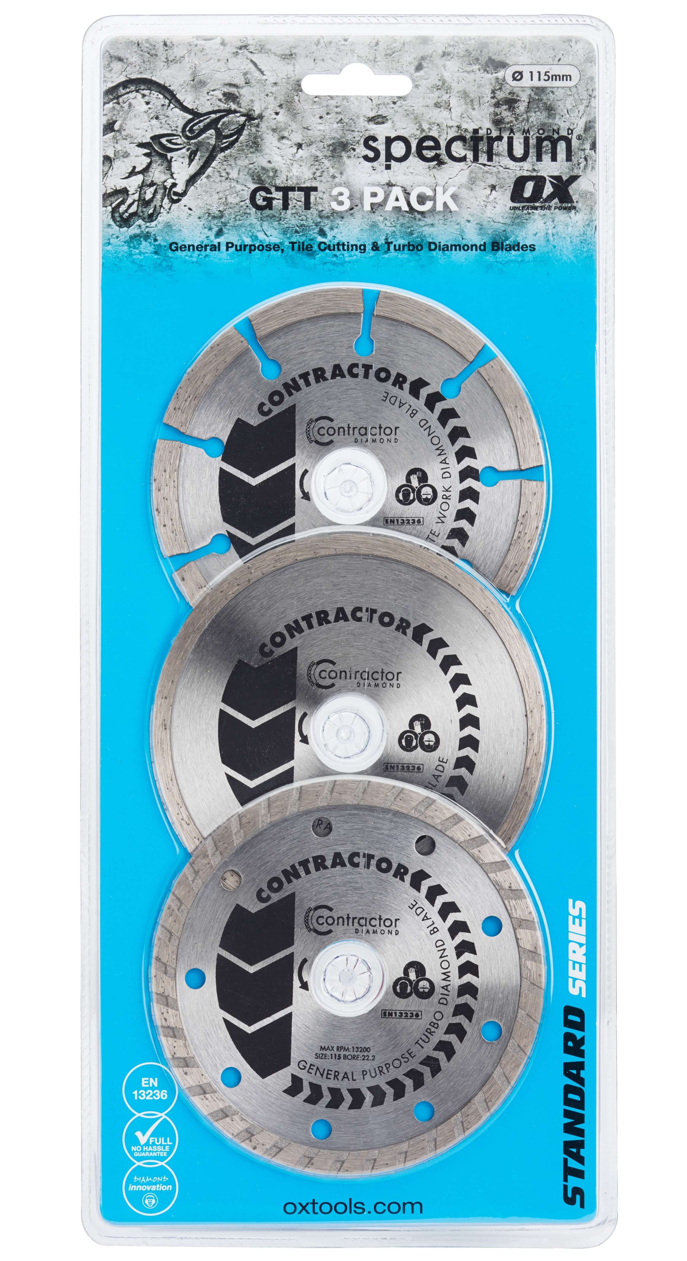 Ox Tools X3-GTT-115/22 Spectrum Contractor Gtt Diamond Blade Triple Pack 115/22.23Mm EA