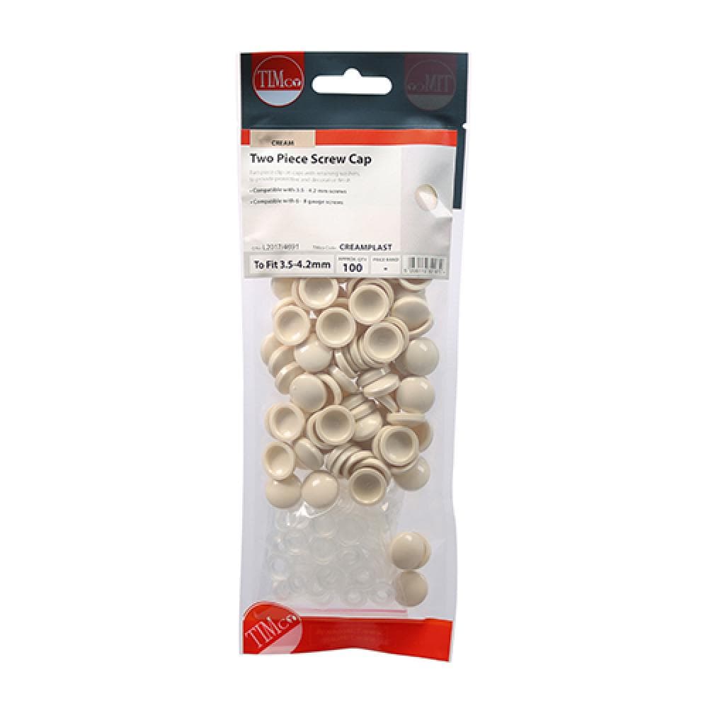Timco CREAMPLAST Two Piece Screw Caps - Cream To Fit 3.5 To 4.2 Screw TIMpac 100