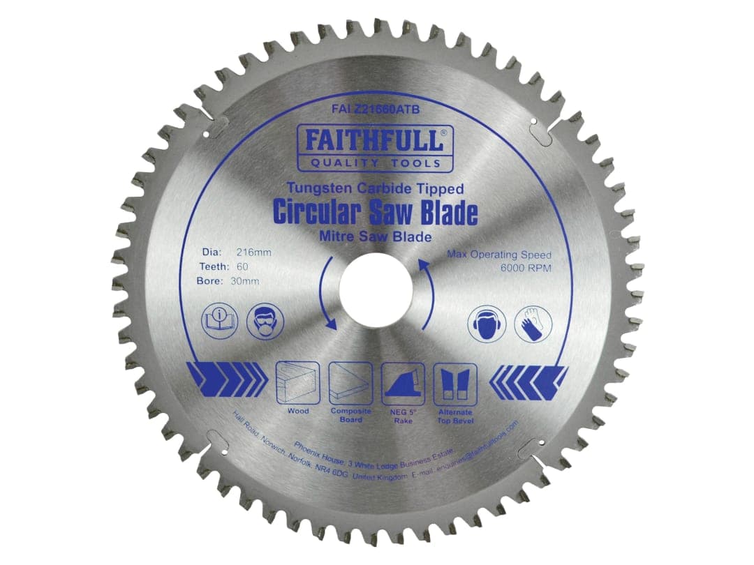 Faithfull TCT Cross Cut Mitre Saw Blade 216 x 30mm x 60T NEG FAIZ21660ATB