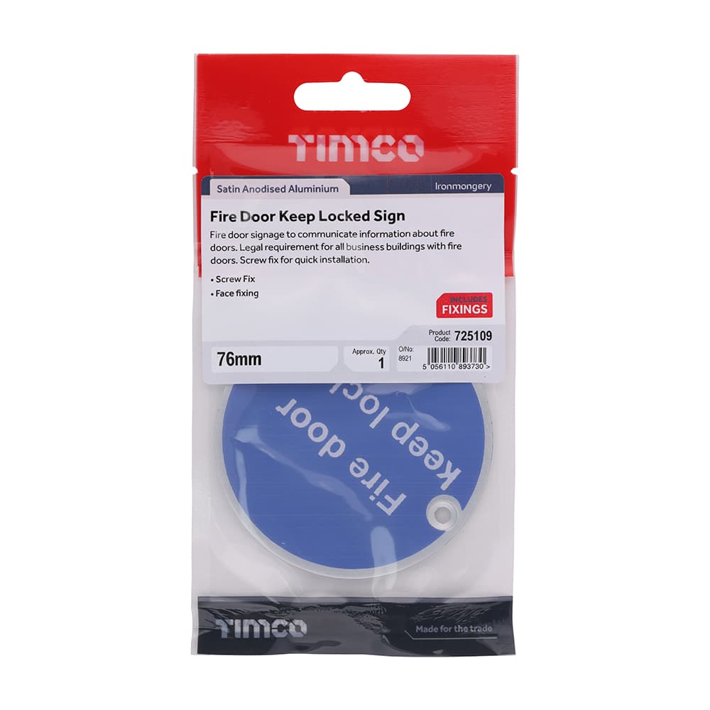 Timco Fire Door Keep Locked Sign - Satin Anodised Aluminium TIMpac 1 725109