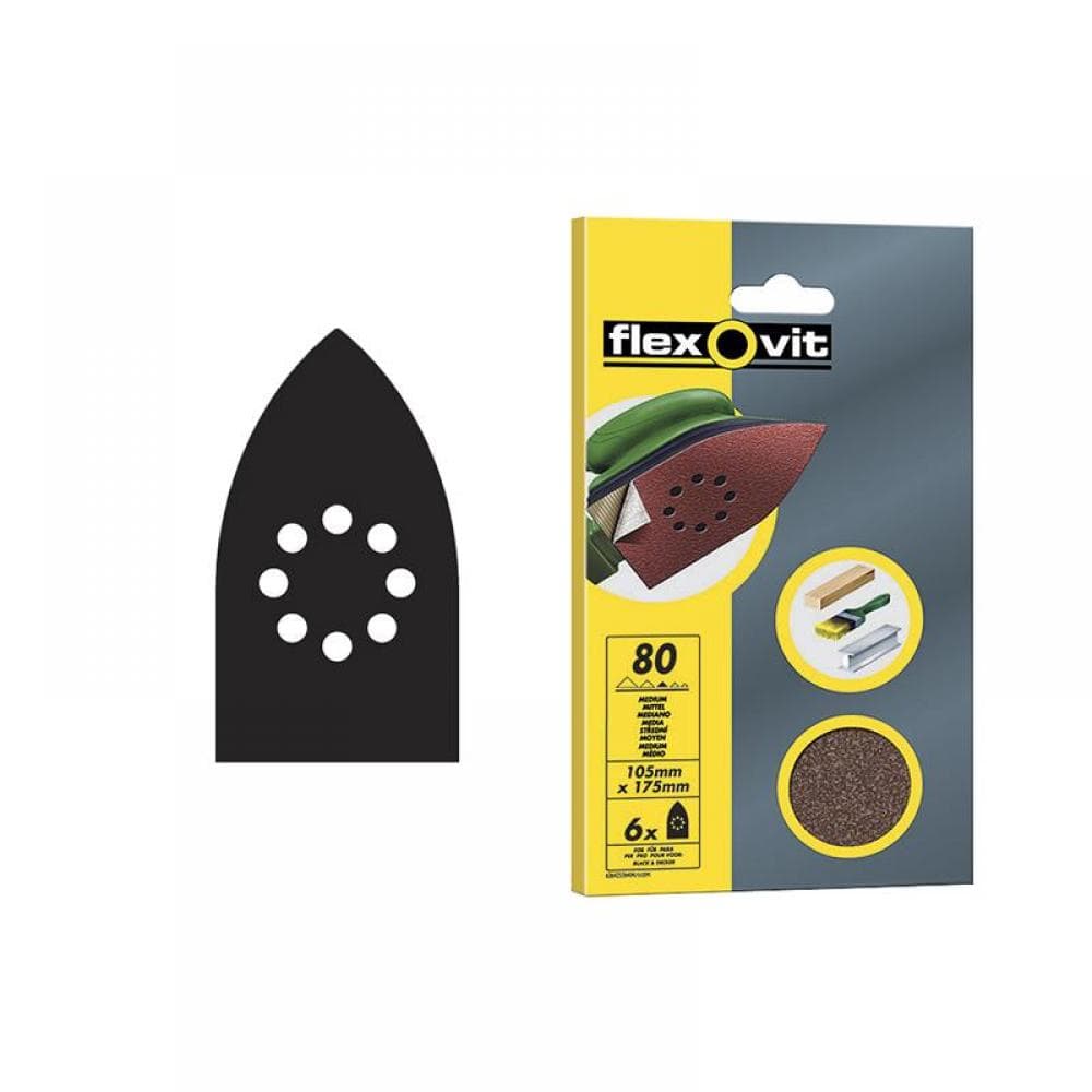 Flexovit 63642526404 Detail Hook & Loop Sanding Sheets 105X175Mm Medium 80G (Pack 6)