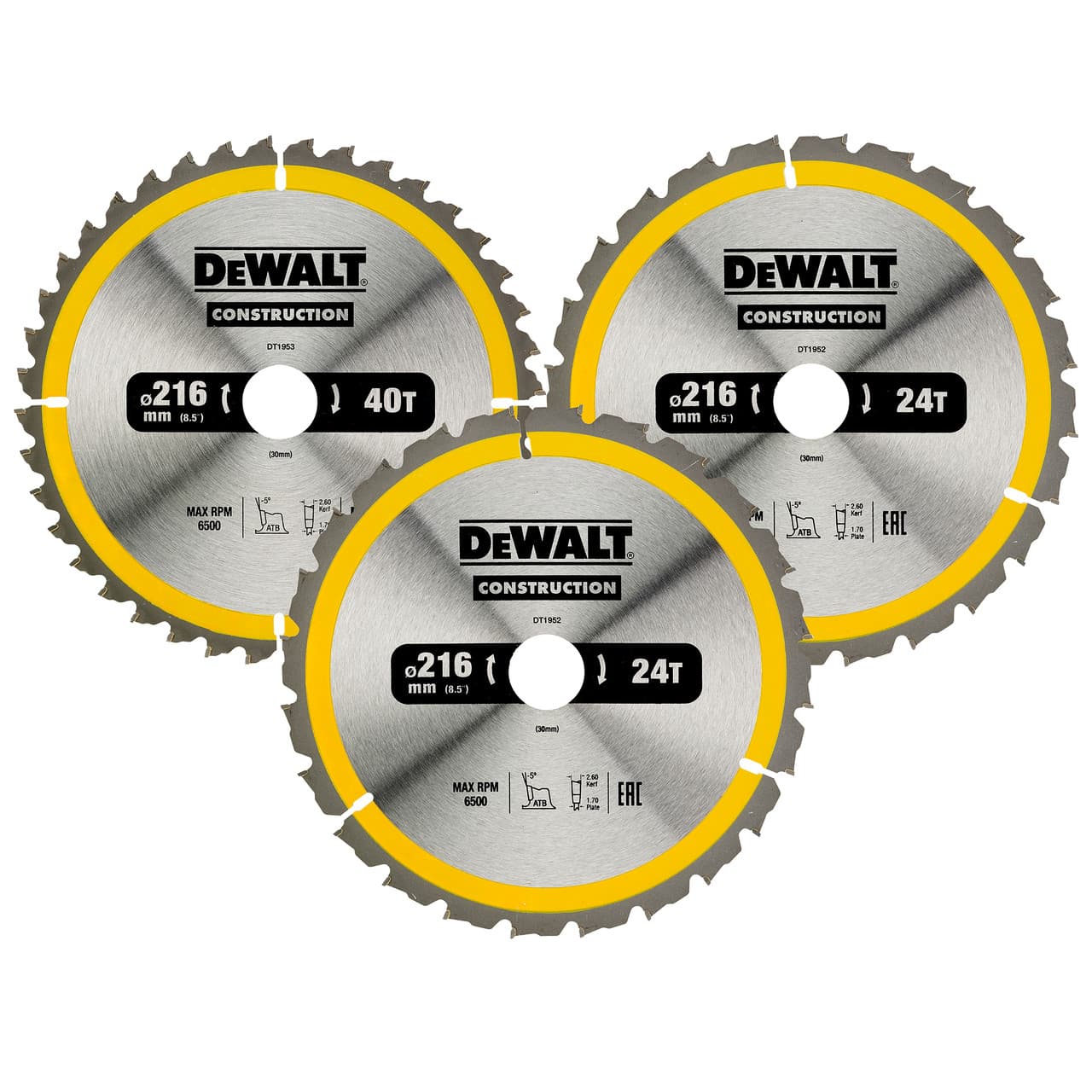 Dewalt Dt1962 Construction Circular Saw Blade Triple Pack 216 X 30Mm X 24T & 40T (3 Pack)