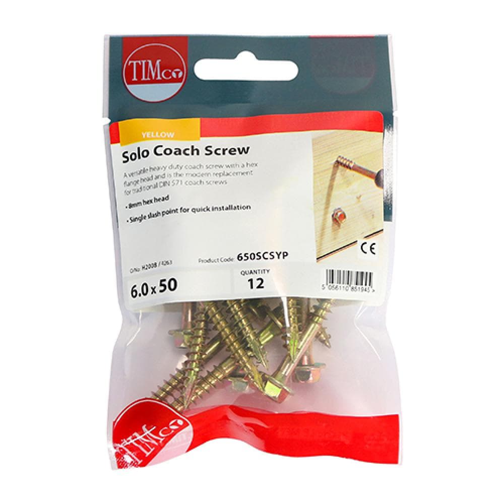 Timco 650SCSYP Solo Coach Screws - Hex Flange - Yellow 6.0 X 50 TIMpac 12