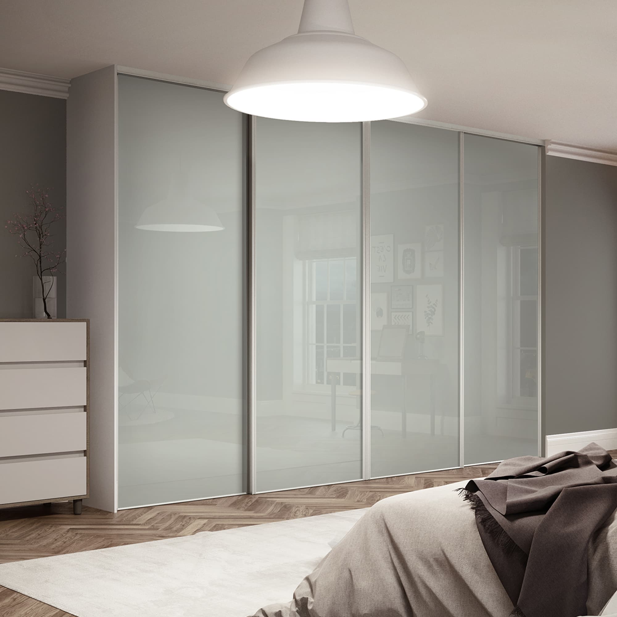 Spacepro White Steel and Glass Heritage Frame Arctic Mirror Sliding Doors, Size: 3606x2260mm