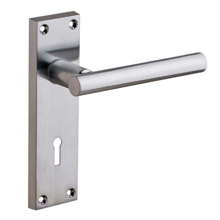 T-Bar Straight Lever Lock Door Handle On Backplate - Satin Chrome - Designer Levers
