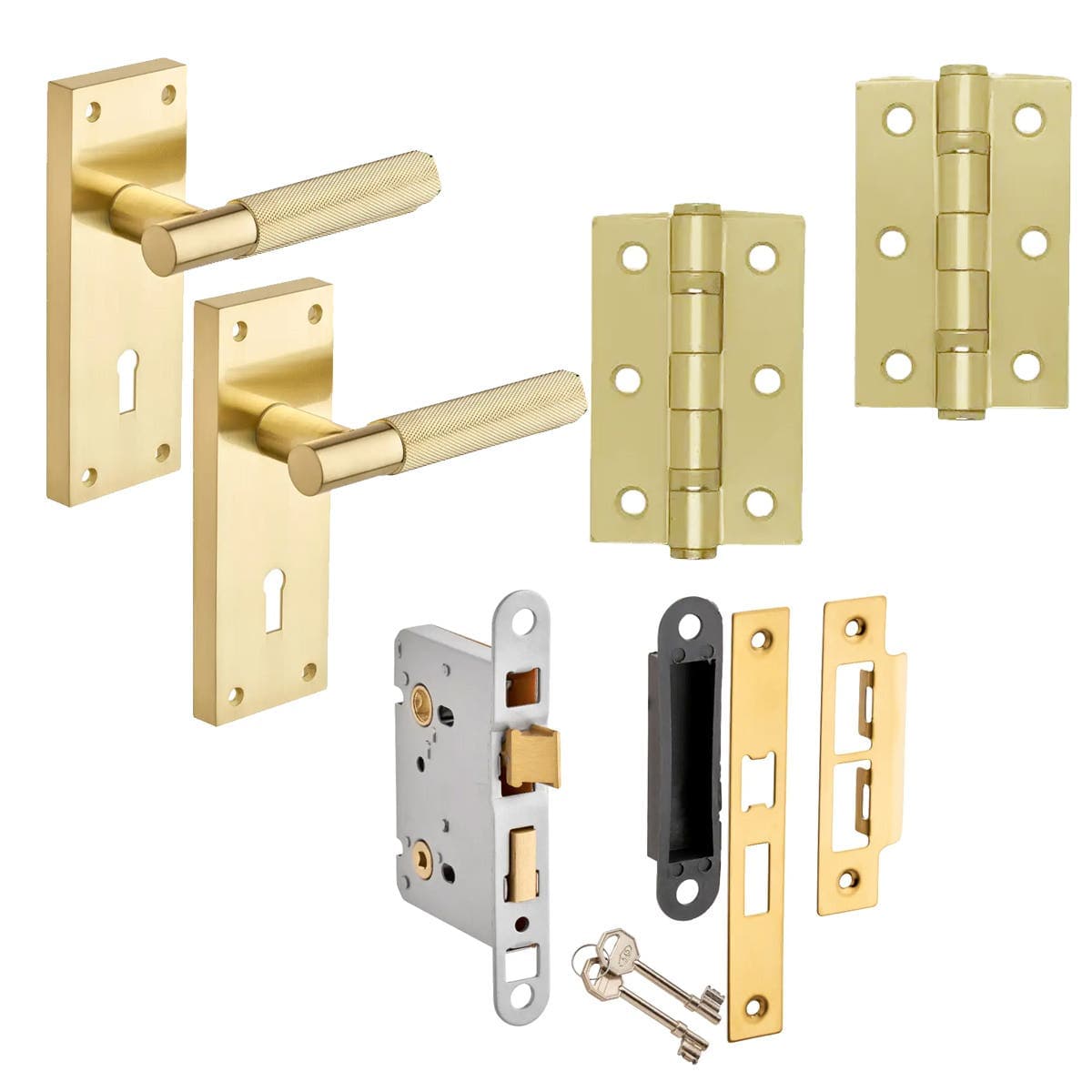 Marylebone Knurled Lever Lock Door Pack - Brushed Brass - Handle/Hinges/Sashlock - Designer Levers