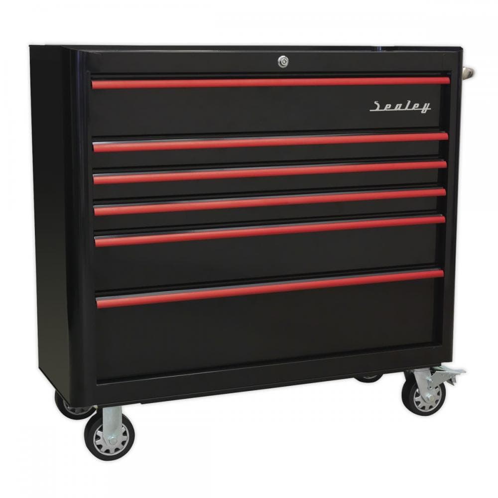 Sealey AP41206BR Rollcab 6 Drawer Wide Retro Style - Black With Red Anodised Drawer Pulls