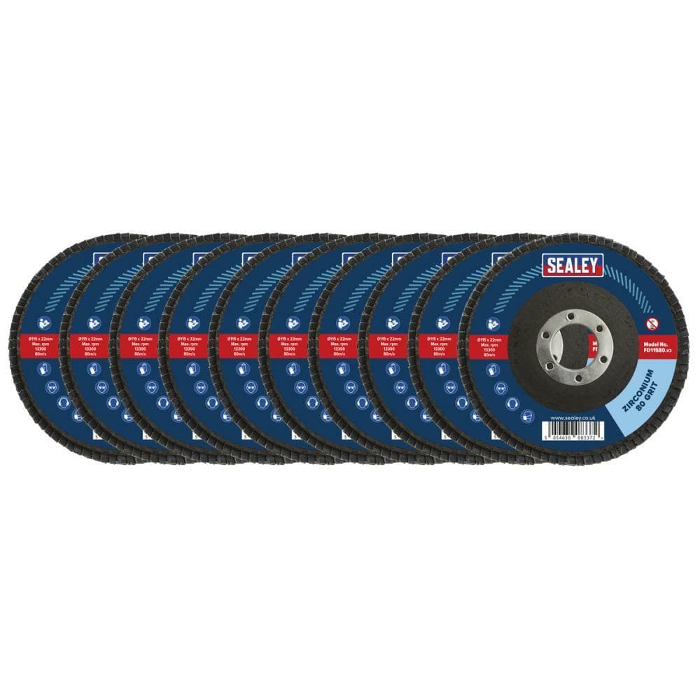 Sealey FD1158010 80Grit Flap Discs Zirconium Ø115Mm Ø22Mm Bore - Pack Of 10