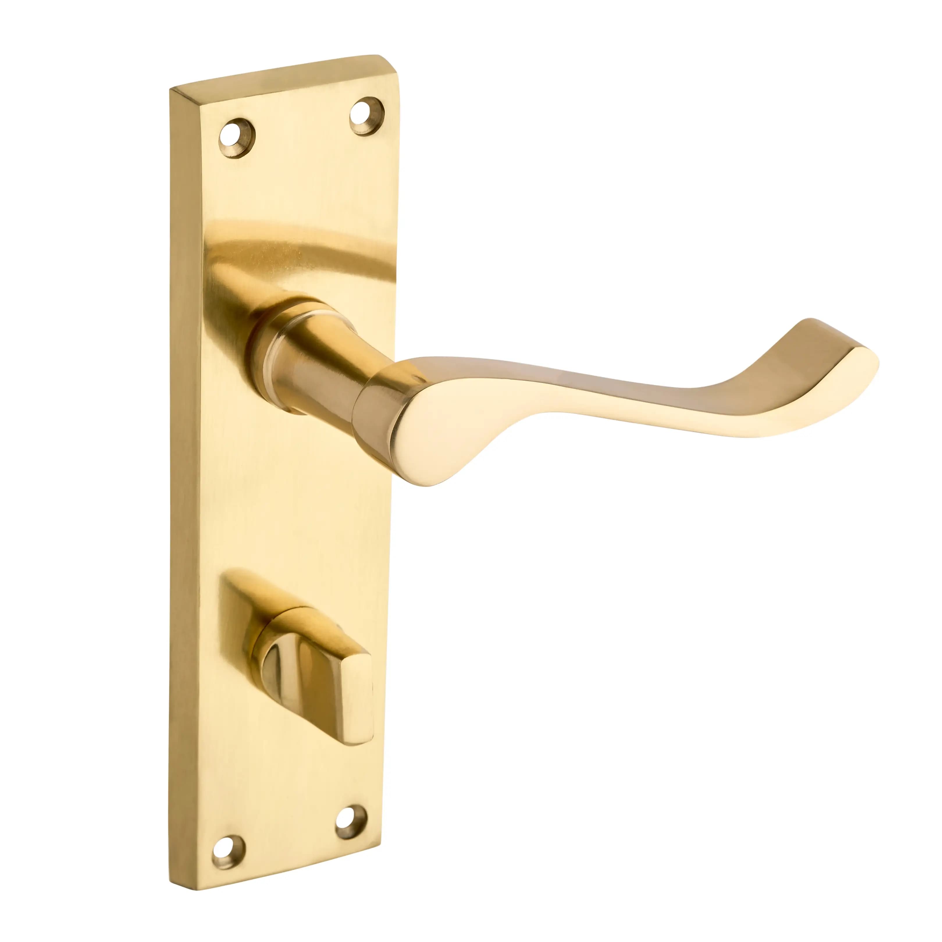 Polished Brass Victorian Long Backplate Scroll Lever Bathroom Thumb Lock Door Handle - Solid Brass - Pair - Designer Levers