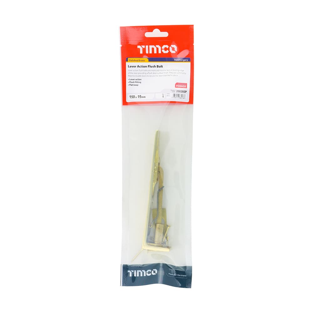 Timco Lever Action Flush Bolt - Polished Brass TIMpac 1 200393P
