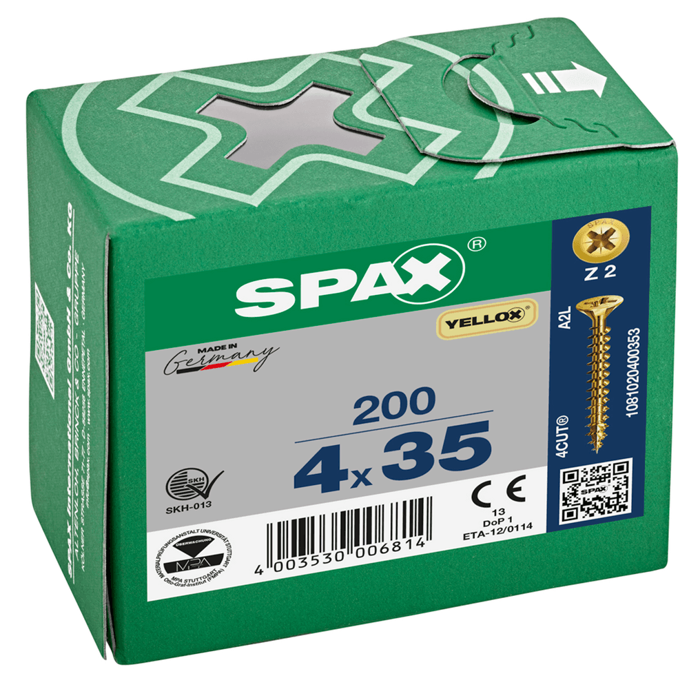 SPAX PZ Flat Countersunk Screw Yellox Coated 4 x 35mm Qty 200