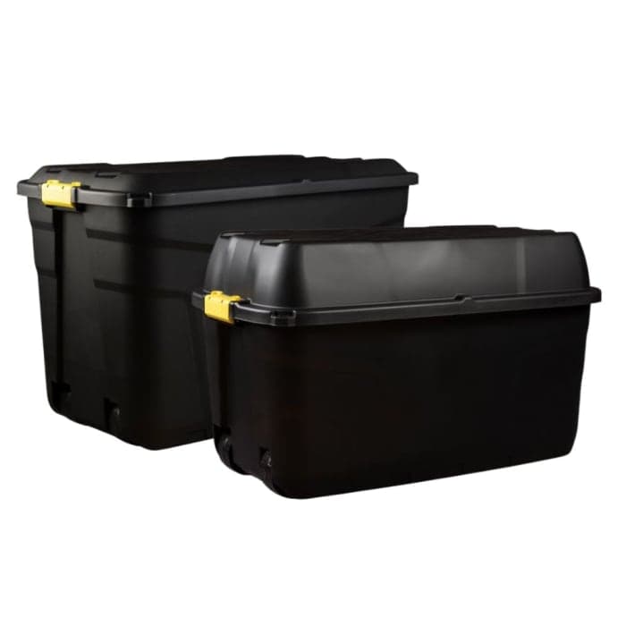 Set of 2 Heavy Duty Plastic Storage Boxes with Wheels – 190L and 175L Black Strata