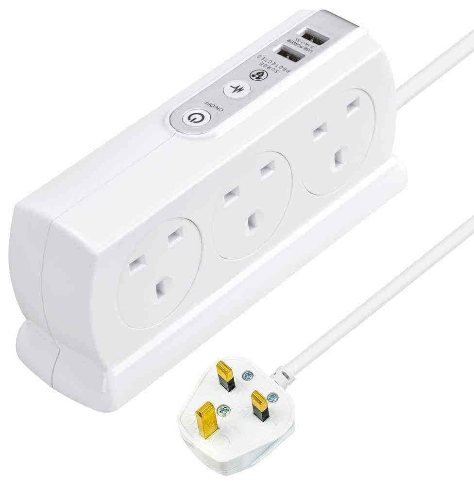 Six Socket Switched Extension Lead - Surge Protection - USB Charging - White High Gloss