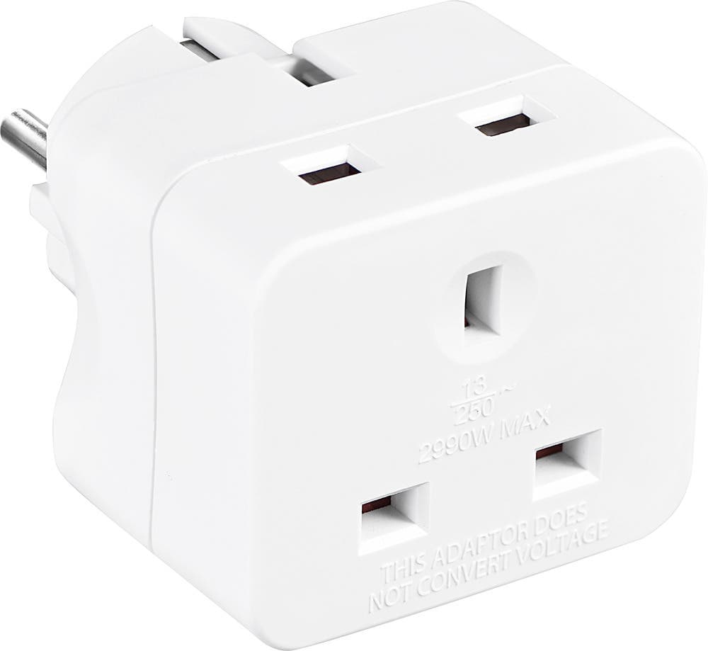 UK to Europe Twin Socket Travel Adaptor - 13A - IP20 - White