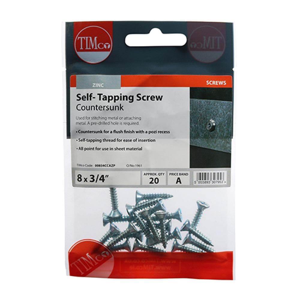 Timco 00834CCAZP Self-Tapping Screws - Pz - Countersunk - Zinc 8 X 3/4 TIMpac 20