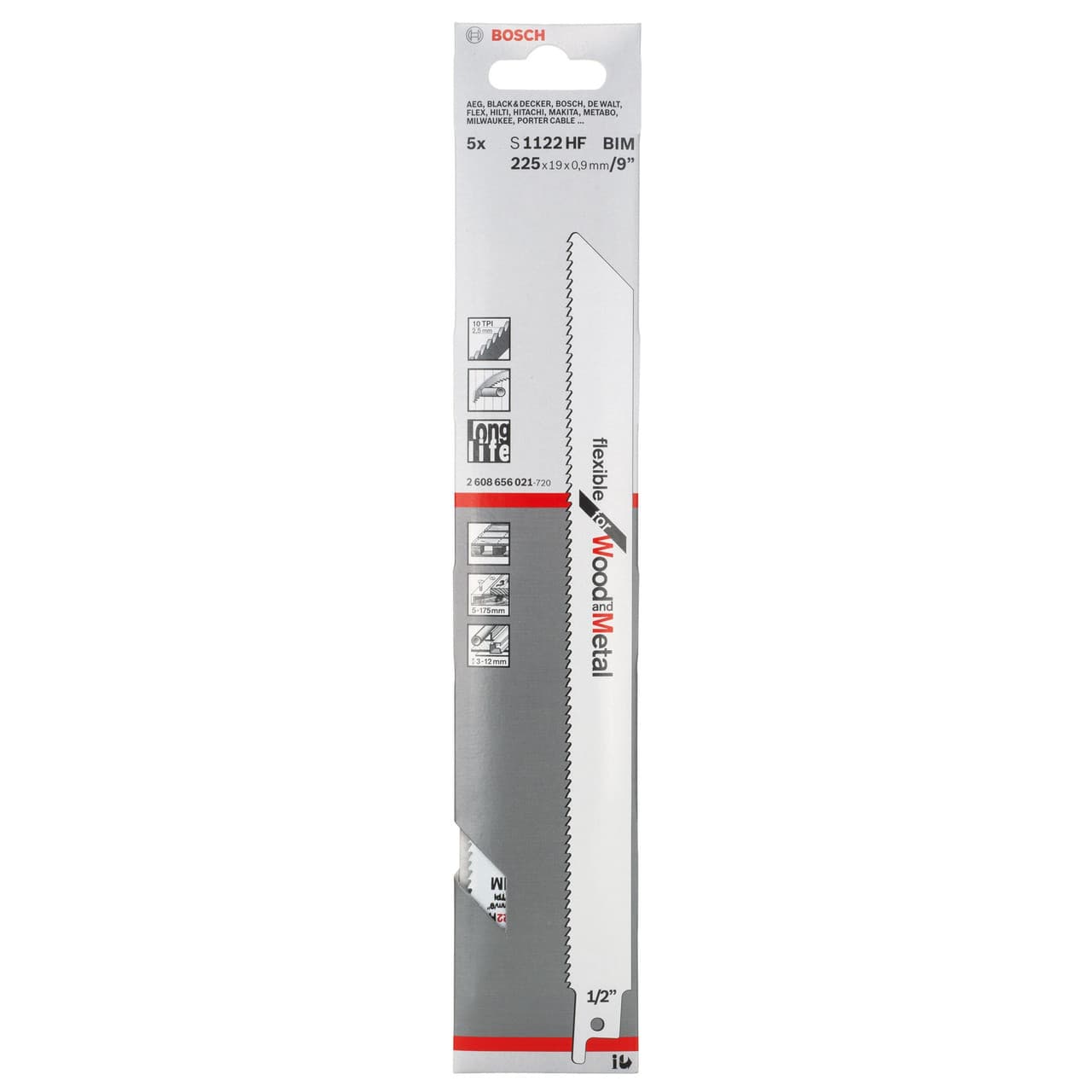 Bosch S1122Hf Flexible Reciprocating Saw Blades For Wood & Metal 225Mm (5 Pack)