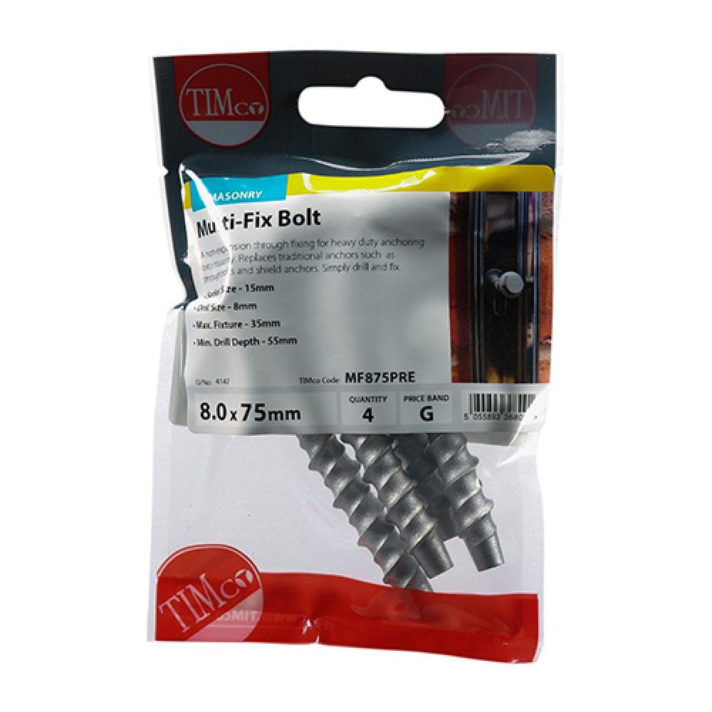 Timco MF875PRE Masonry Bolts - Hex - Exterior - Silver 8.0 X 75 TIMpac 4