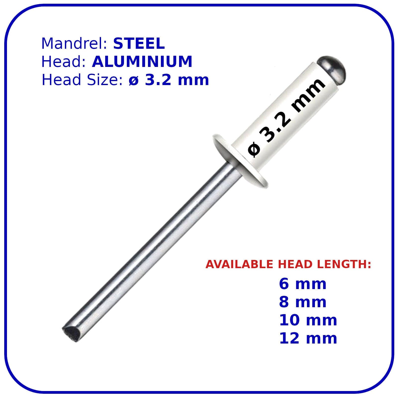 Pop Rivets WHITE 3.2 mm Aluminium Head Steel Mandrel Dome Blind Rivet Coloured