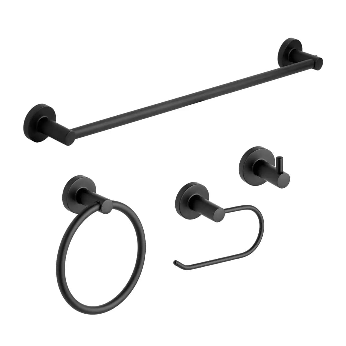 Balneo Bathroom Accessory Set - 4 Piece - Towel Ring/ Robe Hook/ Towel Rail/ Toilet Roll Holder - Matte Black