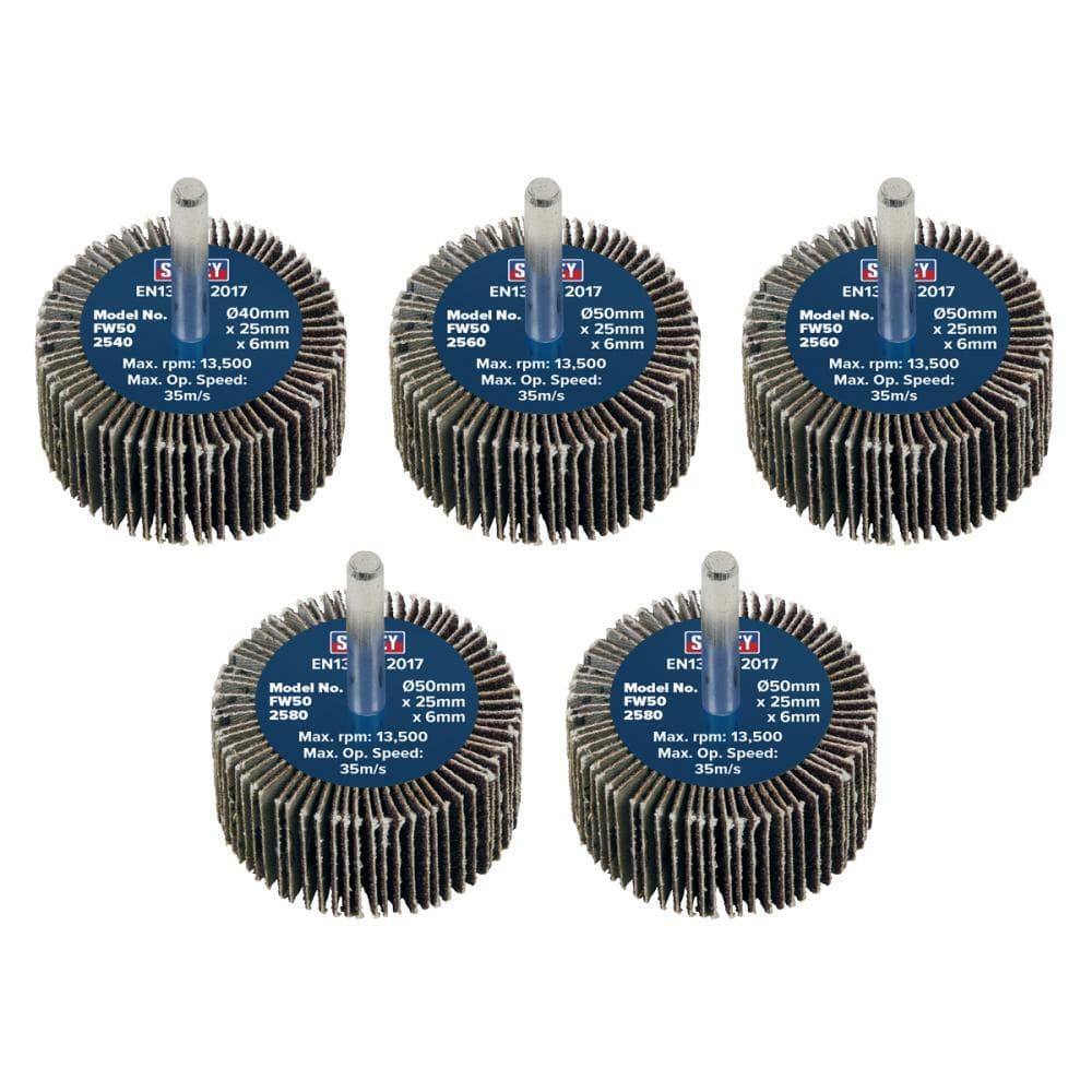 Sealey FW5025ASS Abrasive Flap Wheel Ø50 X 25Mm Ø6Mm Shaft Assorted Grit - Pack Of 5