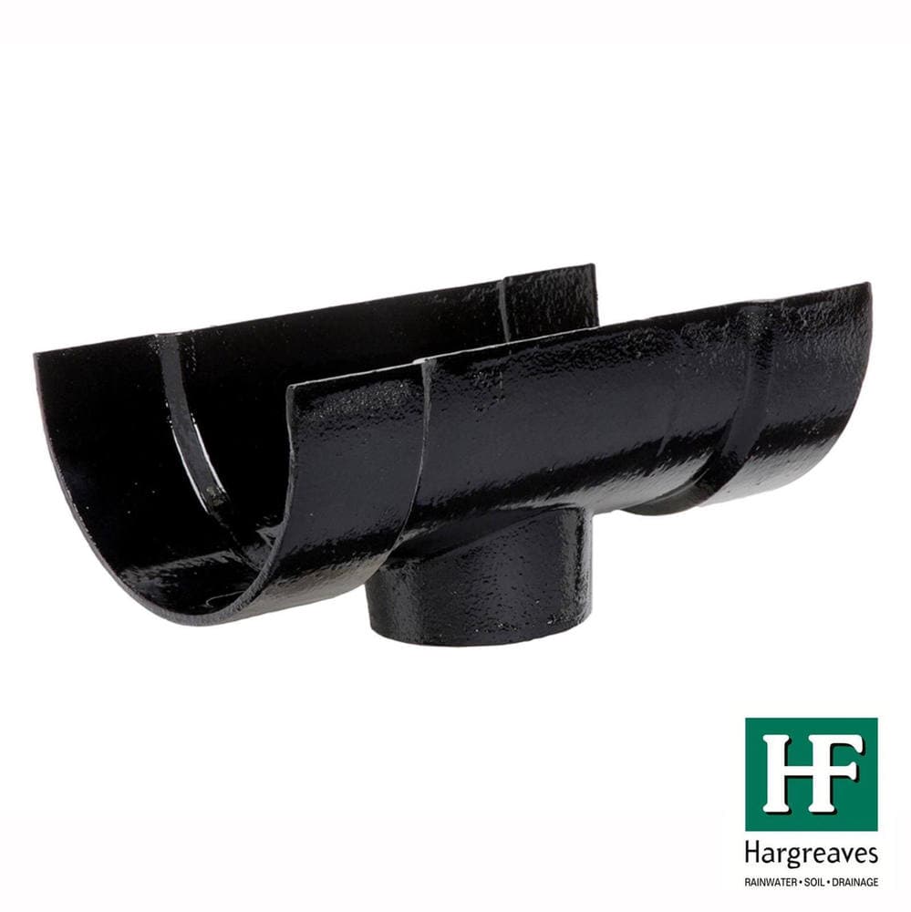 Hargreaves Premier Cast Iron Deep Half Round Gutter Running Outlet - 125mm for 75mm Downpipe Black