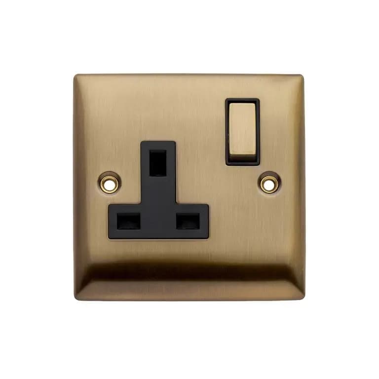 Single Switched Plug Socket - 13A - Antique Brass