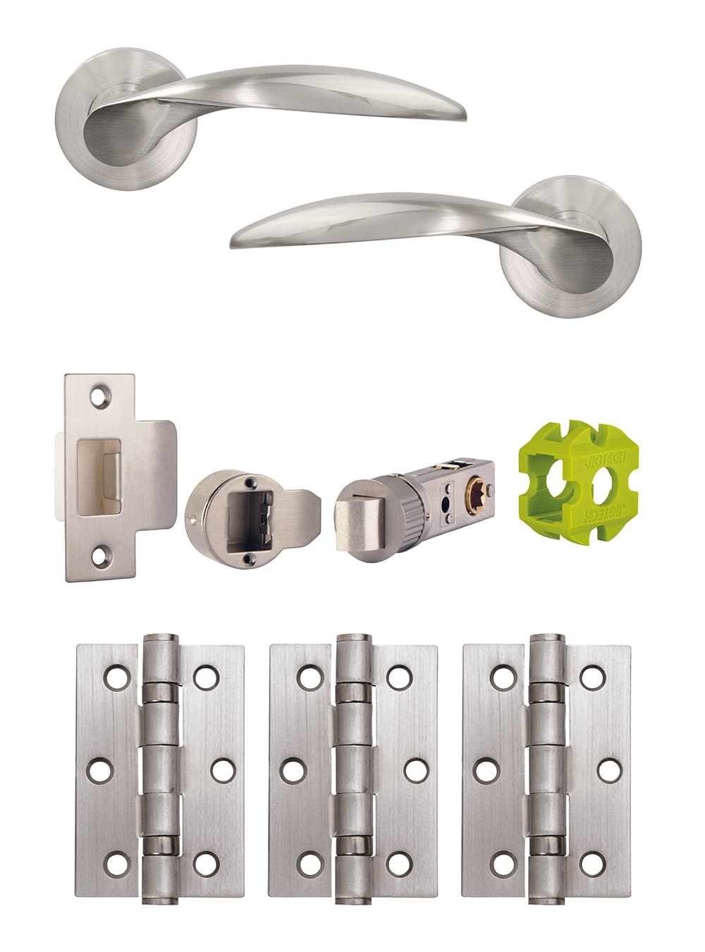 Jigtech JTB72200 Cresta Round Rose Lever Handle Door Pack Satin Chrome Plated (Includes 57mm Latch & 3xHinges)