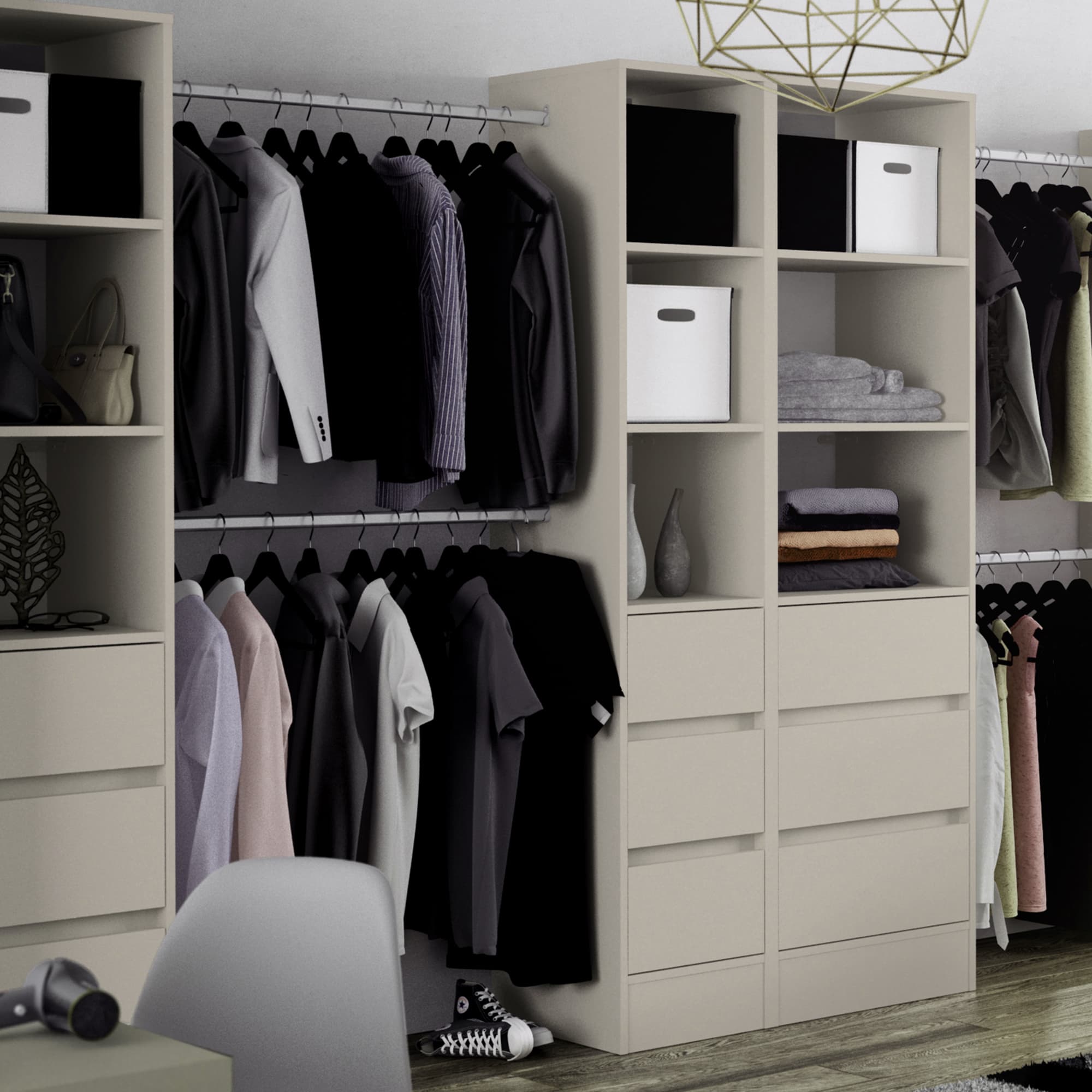 Spacepro Beige MFC Tower Unit with 3 Drawers and Hanger Bar, Size: 2100x450x20mm