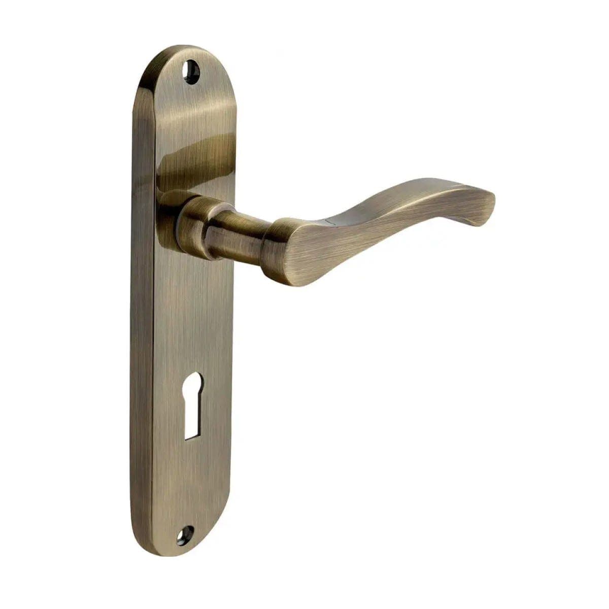 Capri Lever Lock Door Handle on Backplate - Antique Brass - Key Lock - Pair - Designer Levers