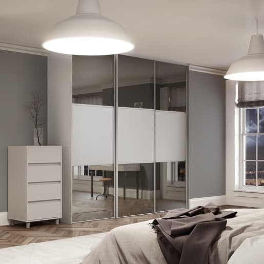 Spacepro Light Grey MFC and Glass Classic Frame Mirror Panel Sliding Doors, Size: 2216x2260mm