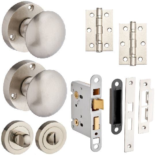 Orion Mortice Bathroom Door Knob Pack - Satin Nickel - 76mm - Knob/Thumb Lock/Hinges - Designer Levers