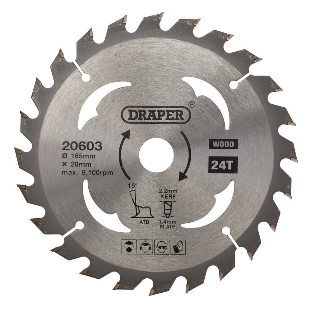 Draper 20603 Tct Circular Saw Blade For Wood 165 X 20Mm 24T each 1