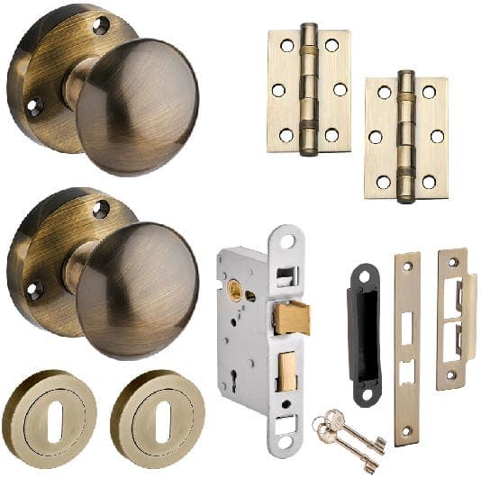 Orion Mortice Lock Door Knob Pack - Antique Brass - 76mm - Knob/3 Lever Sashlock/Hinges - Designer Levers