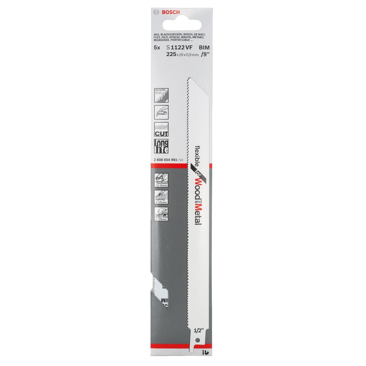 Bosch S1122Vf Flexible Reciprocating Saw Blades For Wood & Metal 225Mm (5 Pack)