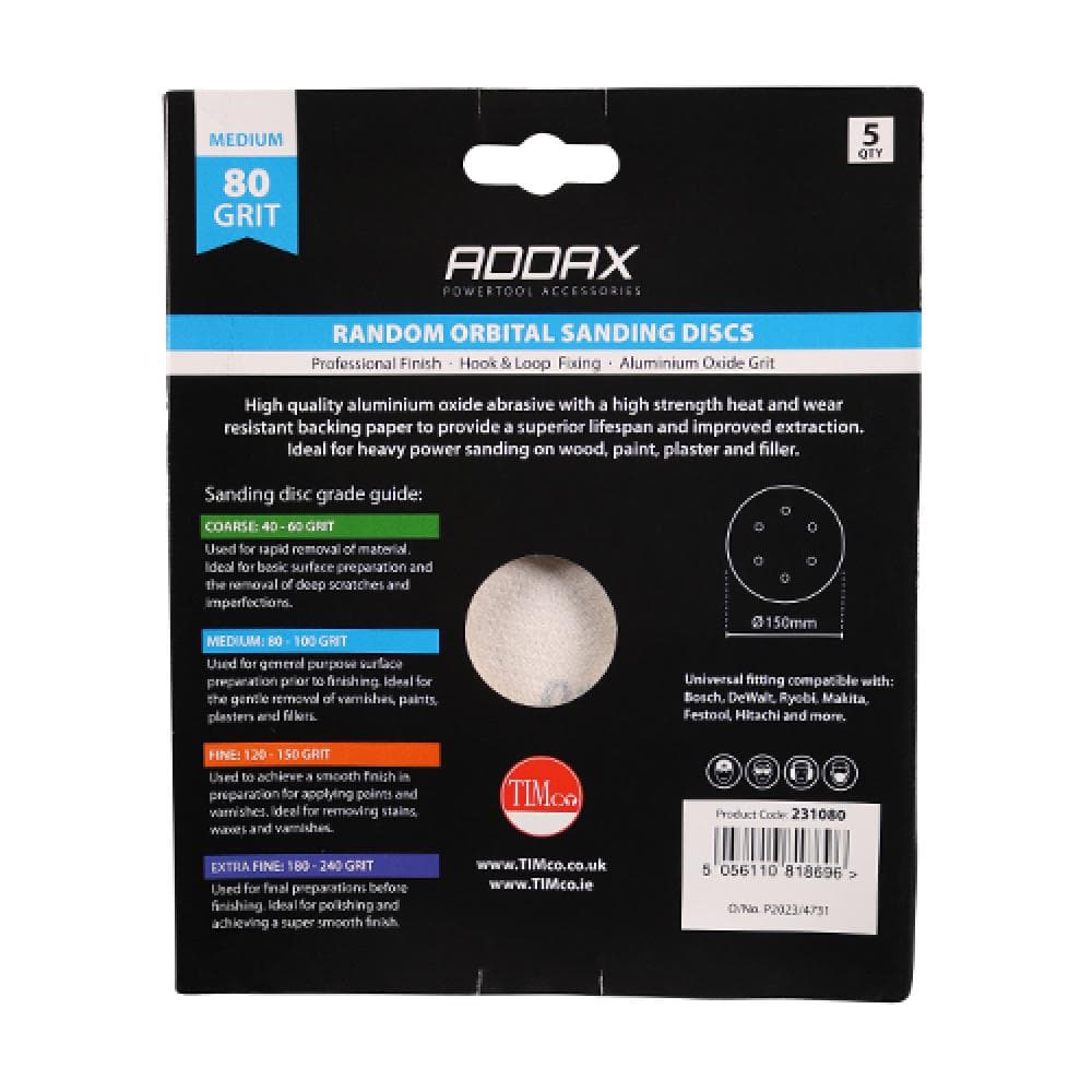 Timco 231080 Random Orbital Sanding Discs - 80 Grit - Red 150Mm Pack 5
