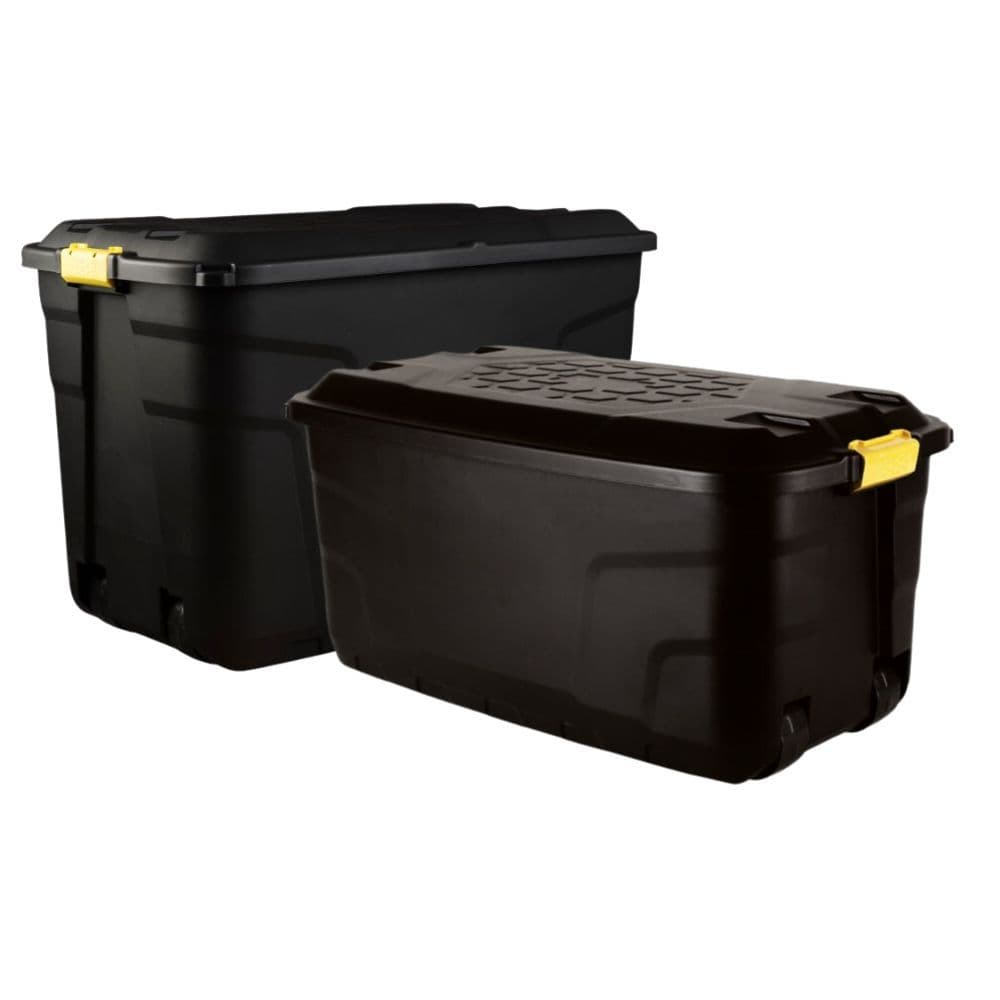Set of Heavy Duty Plastic Storage Boxes with Wheels – 190L and 145L, Black Strata
