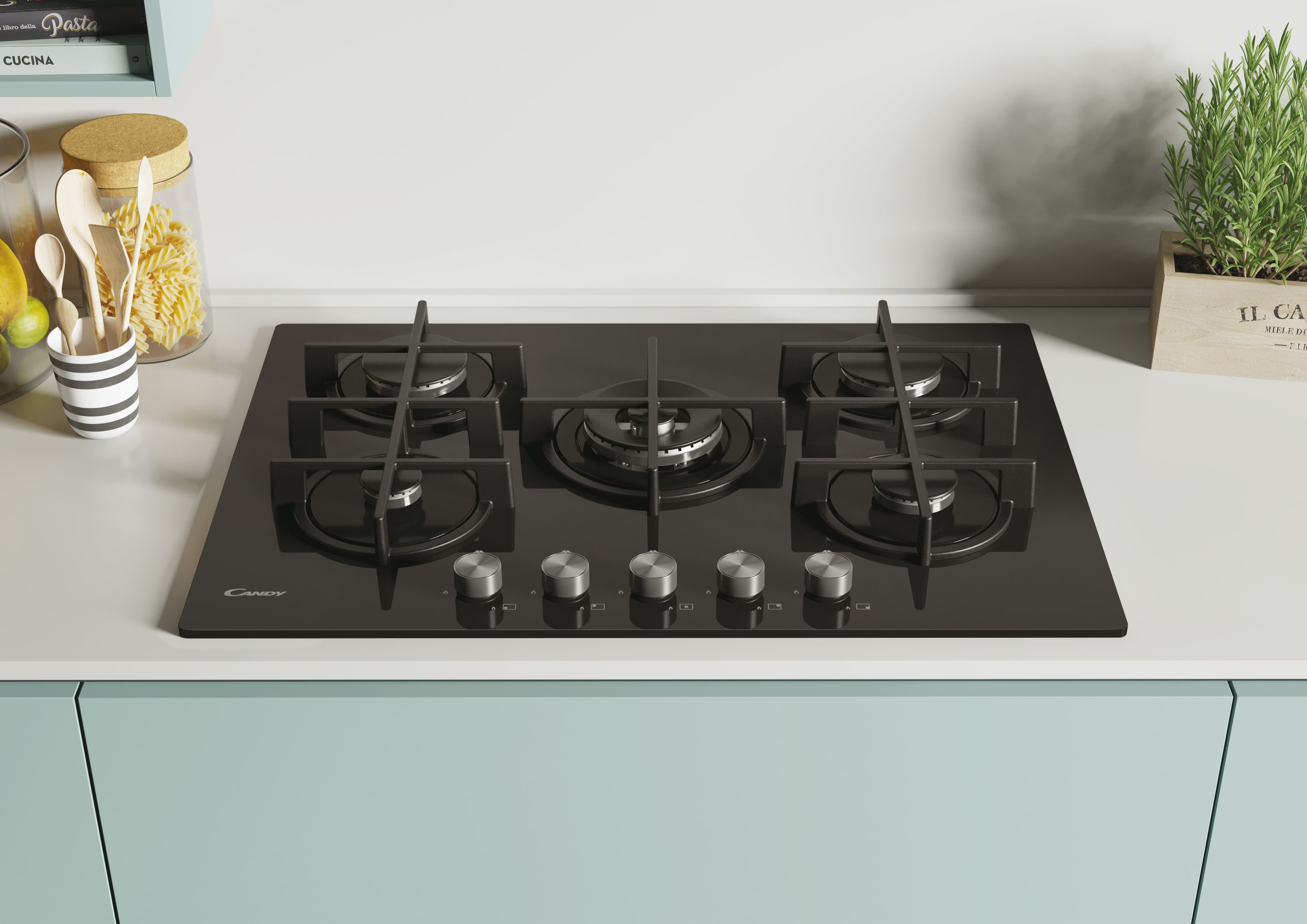 Candy Five Zone Gas Hob with Rotary Controls Black 75cm - CVG74WPB