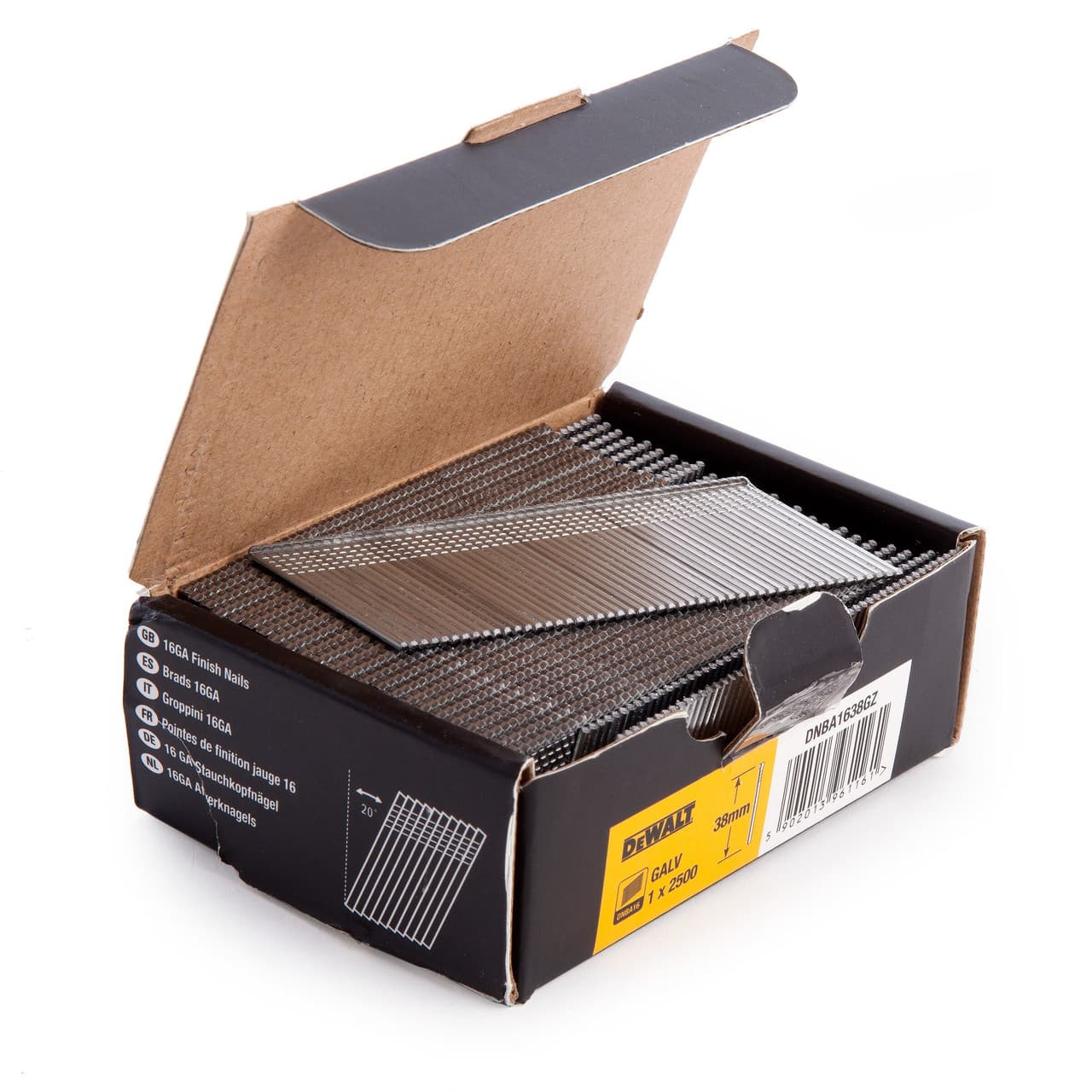 DEWALT Power Tools DNBA1638GZ 16 Gauge Galvanised 20° Finish Nails 38mm (Pack 2500) DNBA1638GZ