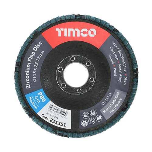 Timco 231862 Set Of Flap Discs - Zirconium - Type 29 Conical - P80 Grit 115 X 22.23 Box 10