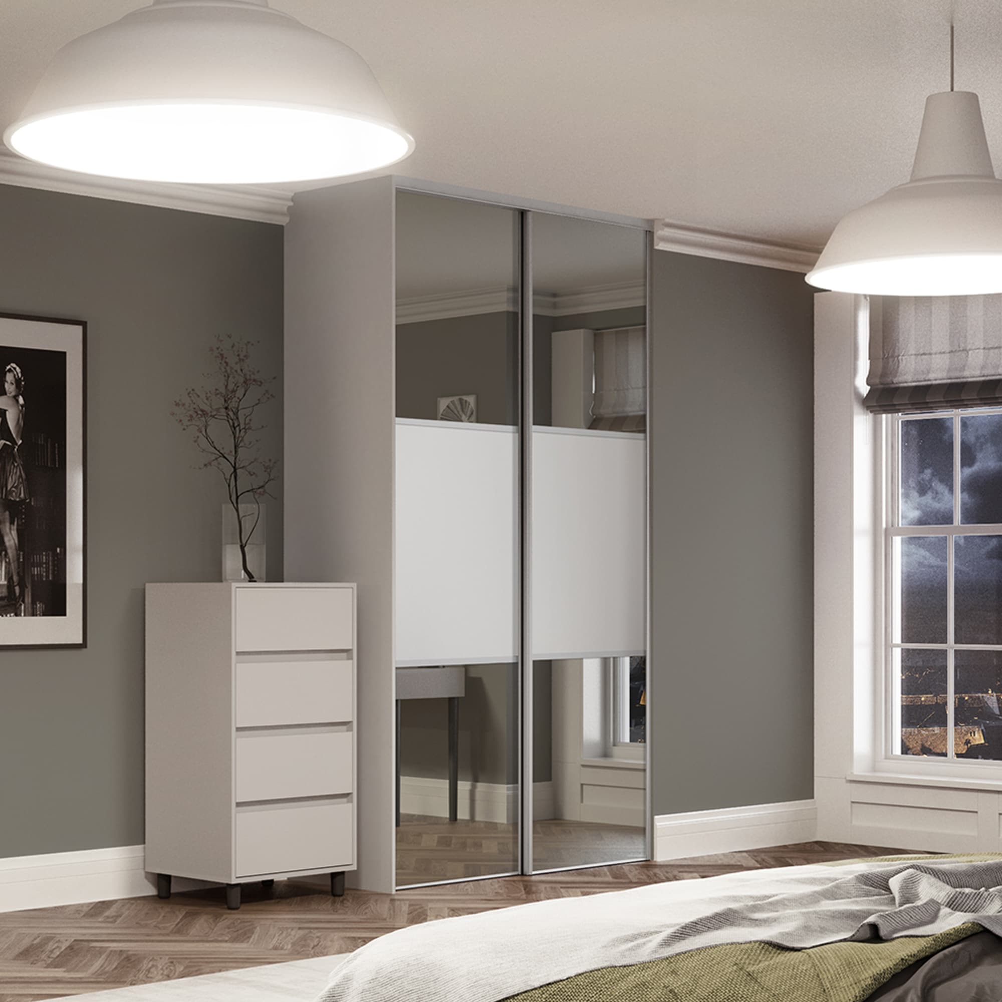 Spacepro Light Grey MFC and Glass Classic Frame Mirror Panel Sliding Doors, Size: 2260x1489mm