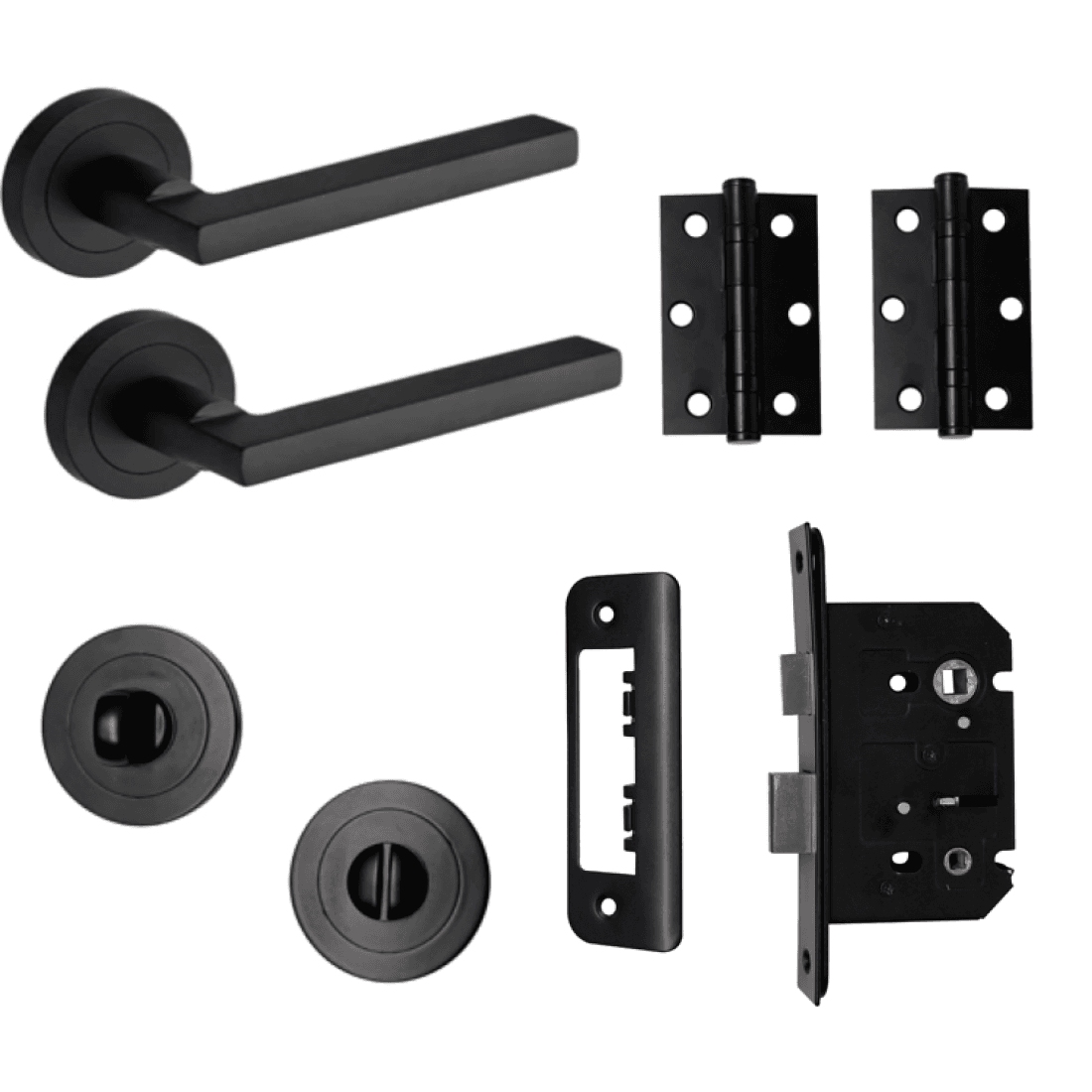 Scylla Lever Bathroom Thumb Lock Door Handle on Rose - Matte Black - Complete Pack - Designer Levers