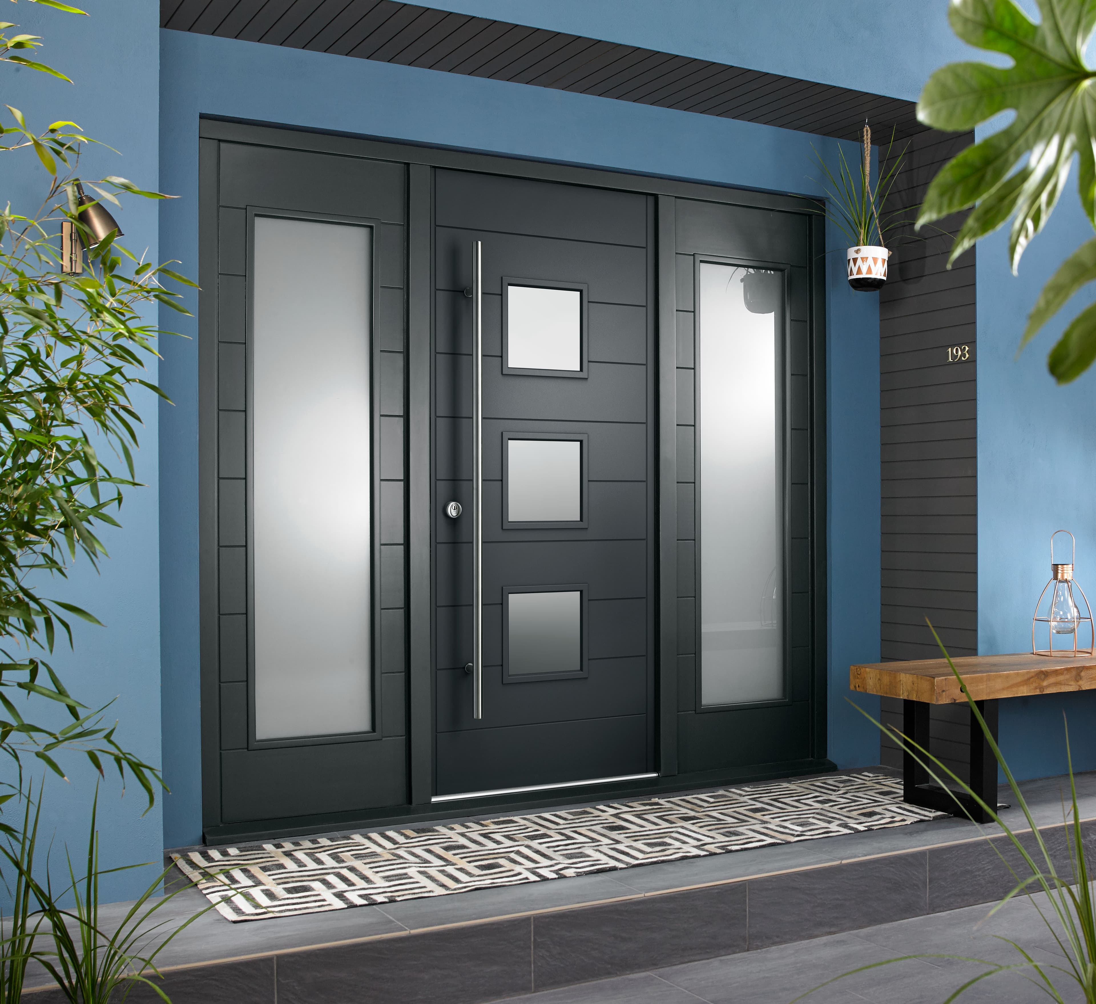 Malmo External Grey Hardwood Veneer Door 1981 x 838 x 44mm and Frame with 2 Side Lights 610mm Left and Right Hand