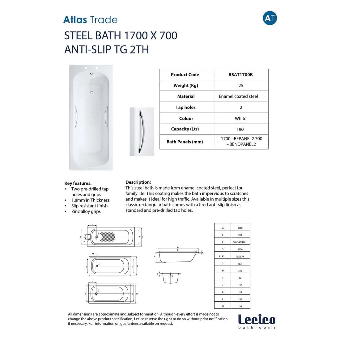 Lecico Steel Bath 1700 X 700Mm Anti Slip With Grips + Legs