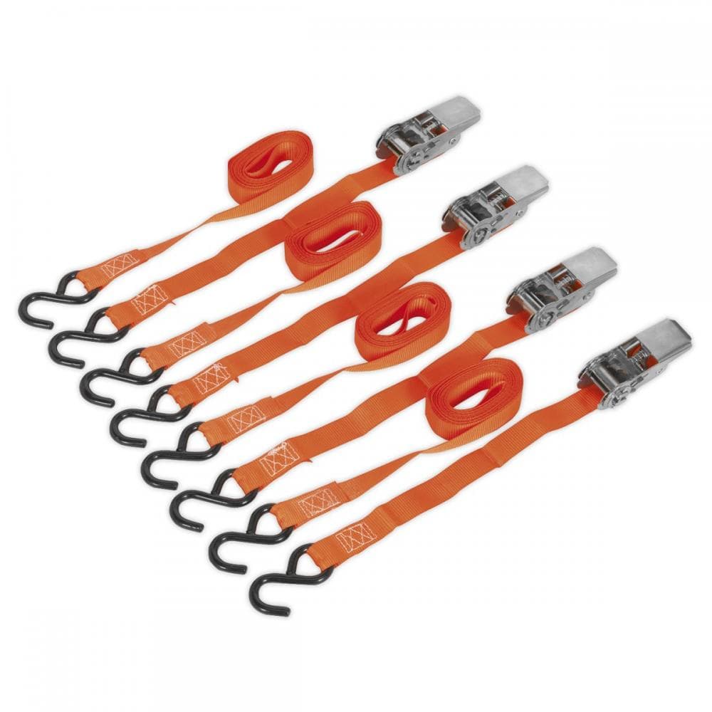 Sealey TD0540S4 Ratchet Straps 25Mm X 4M Polyester Webbing With S-Hooks 500Kg Breaking Strength - 2 Pairs