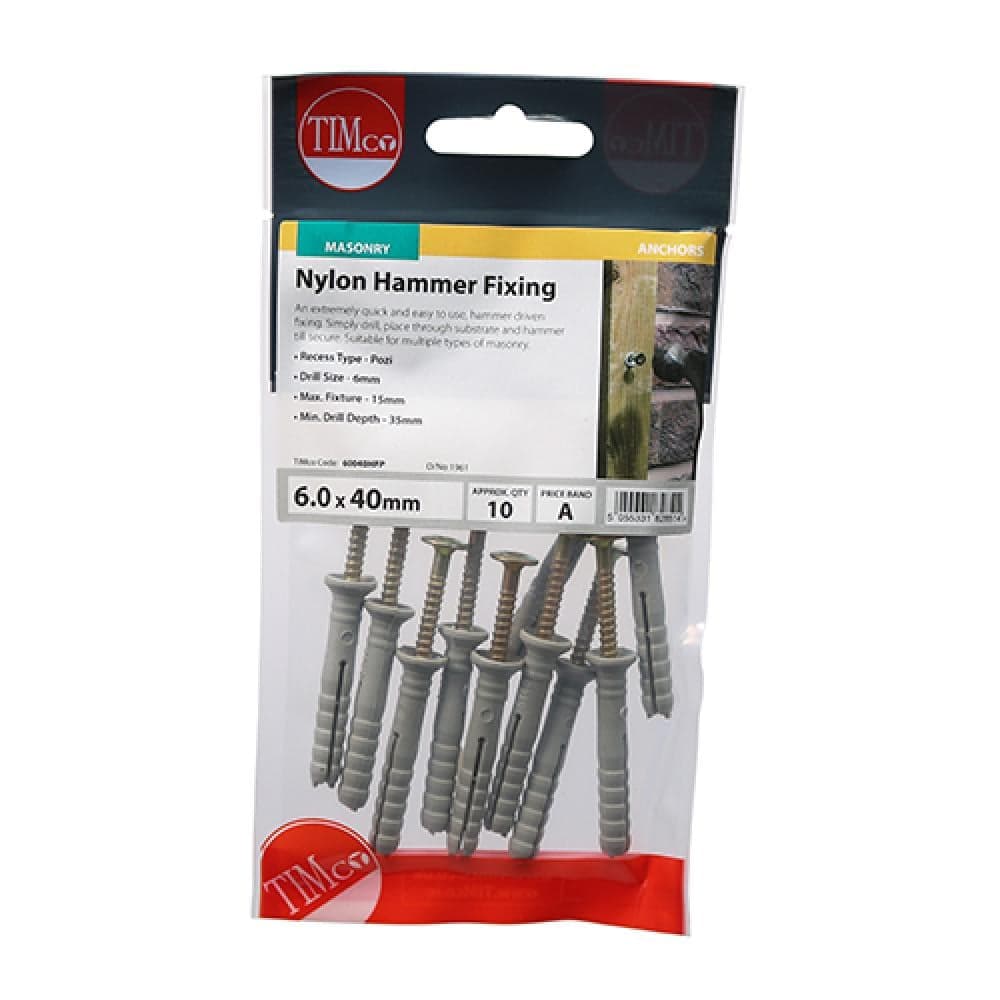 Timco 60040HFP Nylon Hammer Fixings - Pz - Yellow 6.0 X 40 TIMpac 10